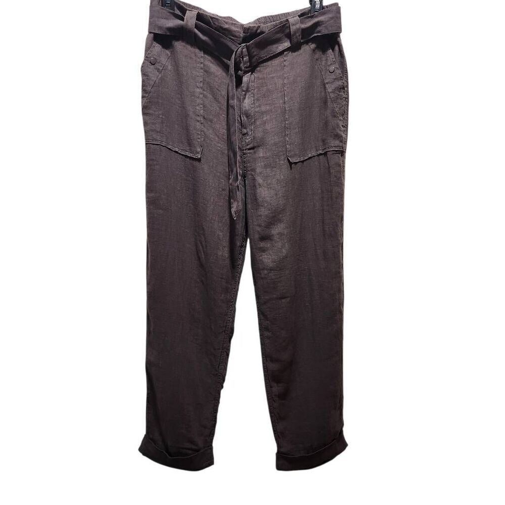 Tahari linen pants belted gray cuffed ankle size XL patch pocket